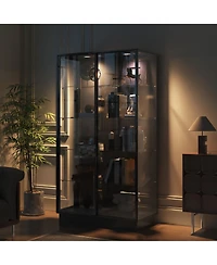 Homsee 2-Door Sliding Glass Display Cabinet - Modern Wood and Aluminum Bookshelf with Led Lighting for Living Room or Office