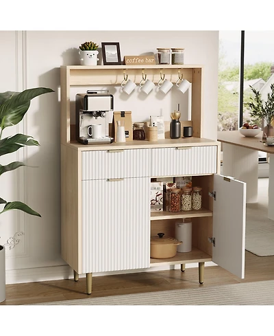 homfan Fluted Sideboard Buffet Cabinet with Storage, Modern Coffee Bar Unit Adjustable Shelves and 2 Drawers for Indoor Spaces