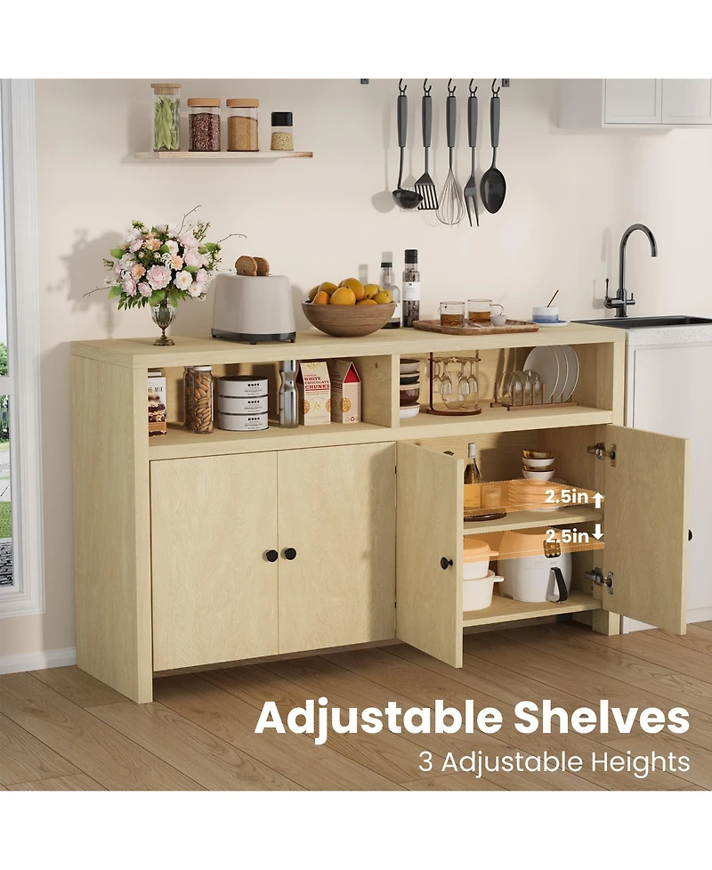 homfan Farmhouse Buffet Sideboard with Storage, 55 Inch Cabinet 4 Doors and Adjustable Shelves, Multi-Purpose Coffee Bar