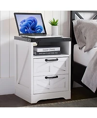 homfan Farmhouse Nightstand Set of 2 with Charging Station, 2 Drawers and Open Shelf, Bedside Tables for Bedroom, Living Room, or Entryway