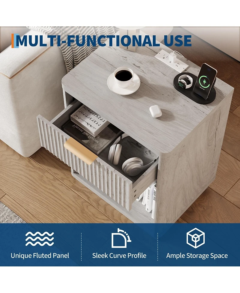 homfan Set of 2 Fluted Nightstands with Charging Station, Bedside Tables Drawers, Outlets and Usb Ports, Metal Handles