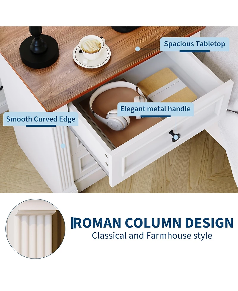 homfan Farmhouse 3-Drawer Nightstand with Charging Station, Roman Column Style End Table, Set Options