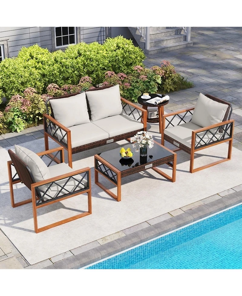 Sugift 5-Piece Pe Wicker Patio Furniture Set with Acacia Wood Frame