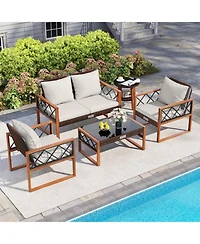 Sugift 5-Piece Pe Wicker Patio Furniture Set with Acacia Wood Frame