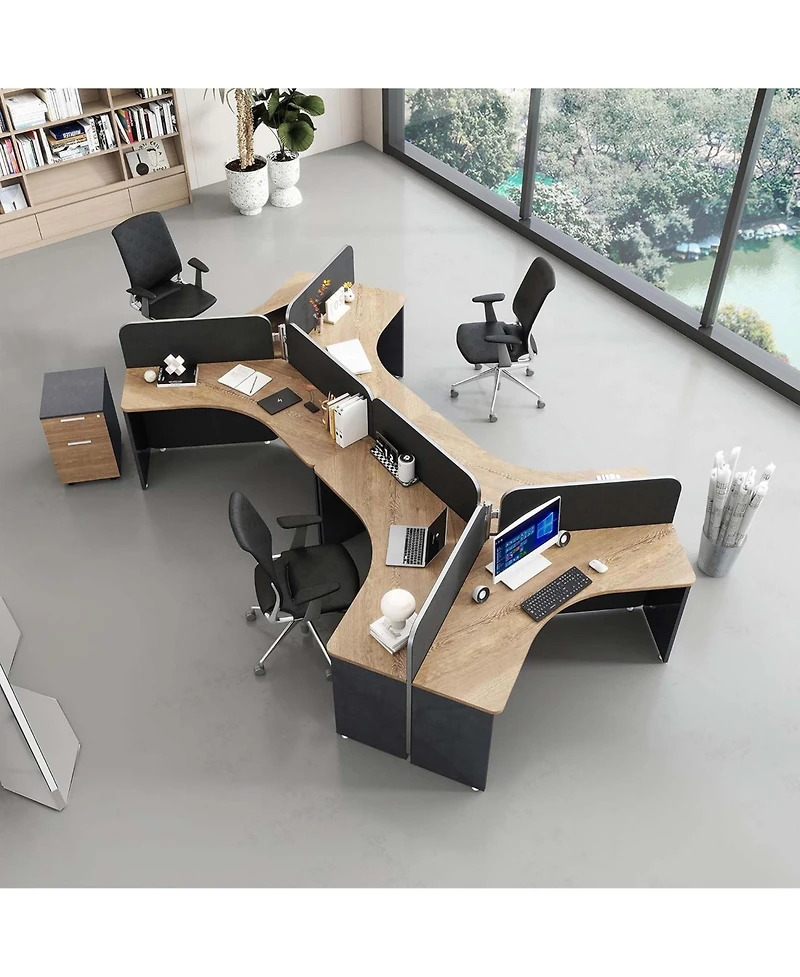 Logicfox 3 Person Office Cubicle Desk Workstation with Drawers and Built-in Power Outlets, Adjustable Wall Partitions