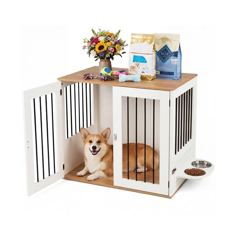 Ruie Wooden Dog Crate Furniture with Double Lock Doors and Rotating Feeder