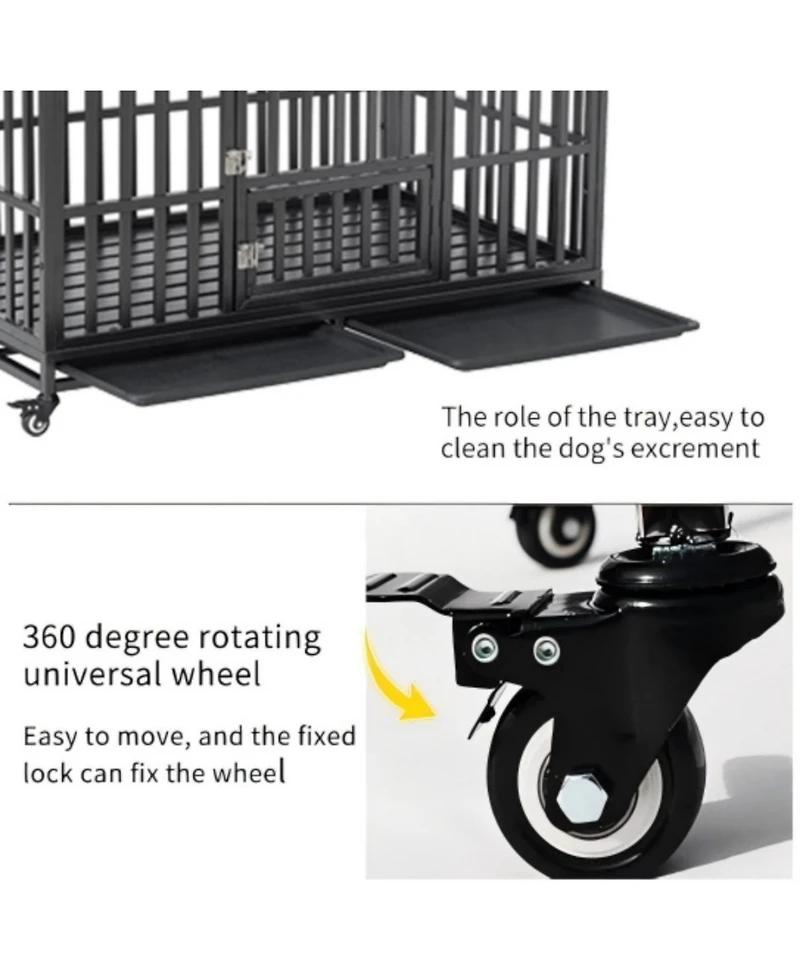6thdruple Heavy Duty Dog House Crate Large Black Metal Kennel with Roof Door Lockable Wheels