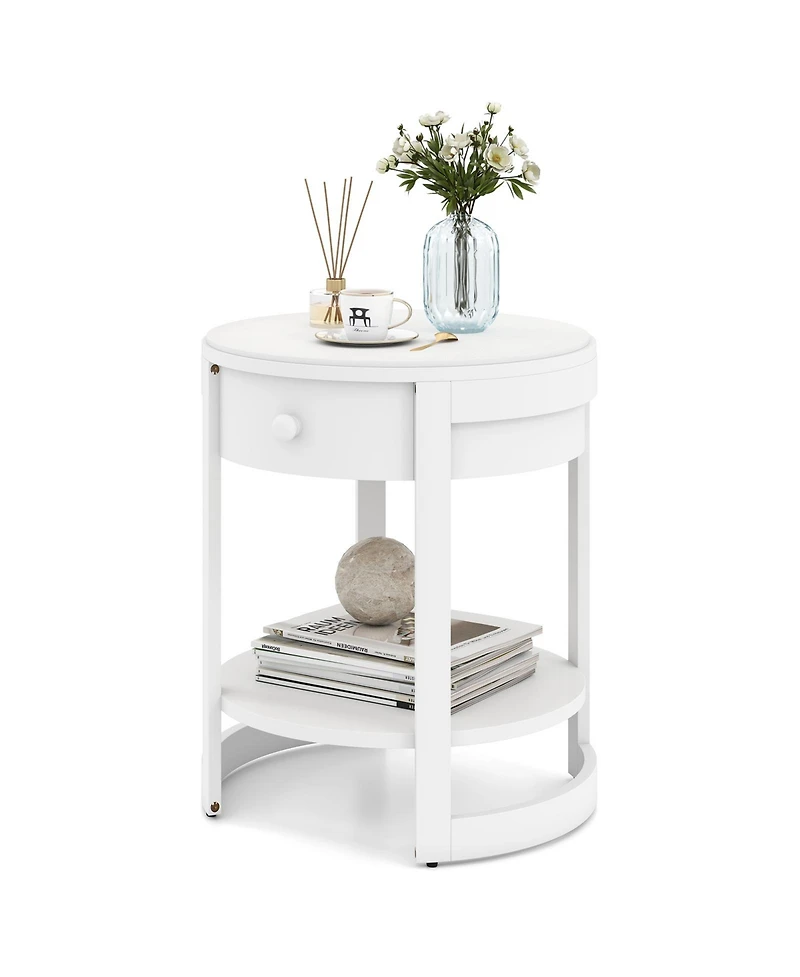 Gymax 2-Tier Nightstand with Shelf and Wood Grains Drawer Round End Table for Living Room