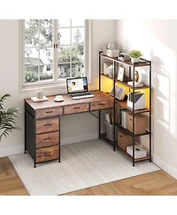 gaomon L-Shaped Gaming Desk with 6 Drawers - Corner Pc Table with Open Shelves, Power Outlets and Led Lights