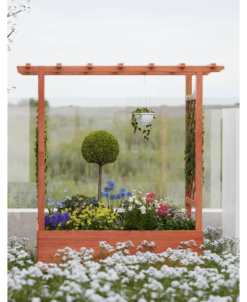 Xo 43"x17"x45" Elevated Garden Bed with Trellis, Wooden Planter Box with Roof for Climbing Plants Flowers, Outdoor Patio Garden