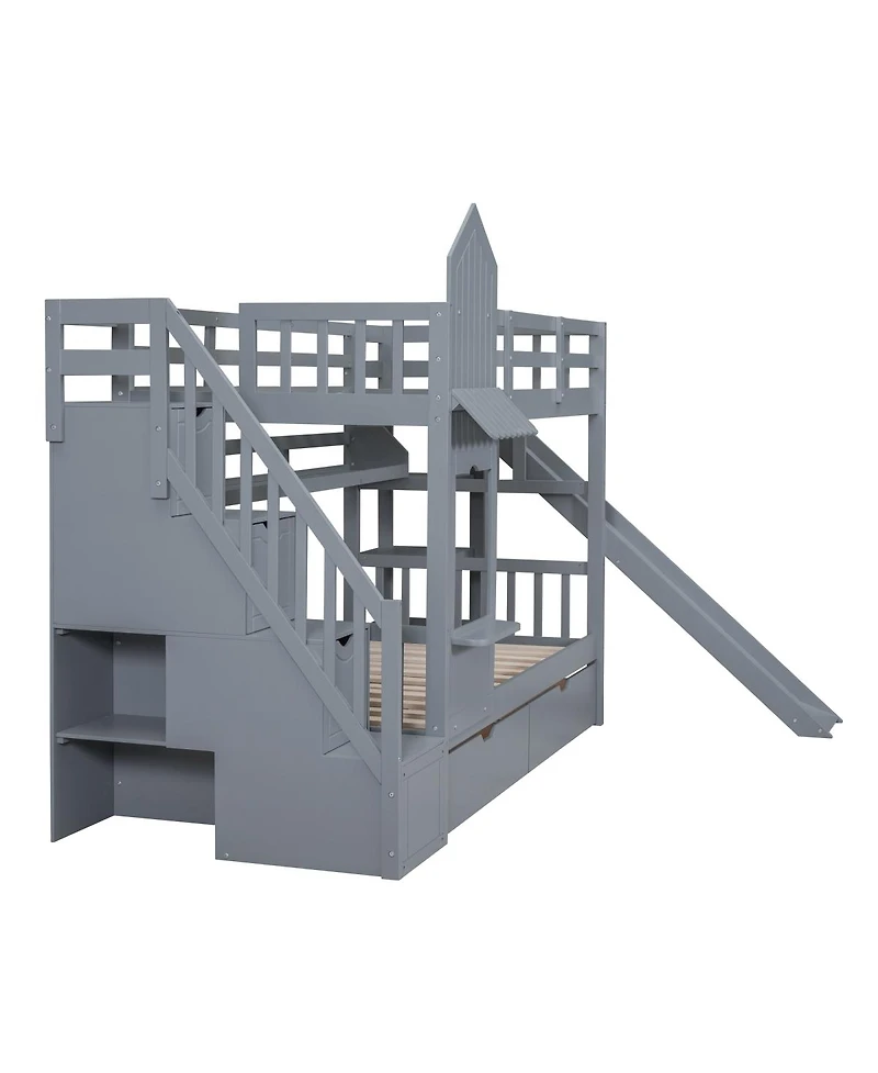 Streamdale Furniture Castle Bunk Bed With Slide, 2 Drawers, 3 Shelves
