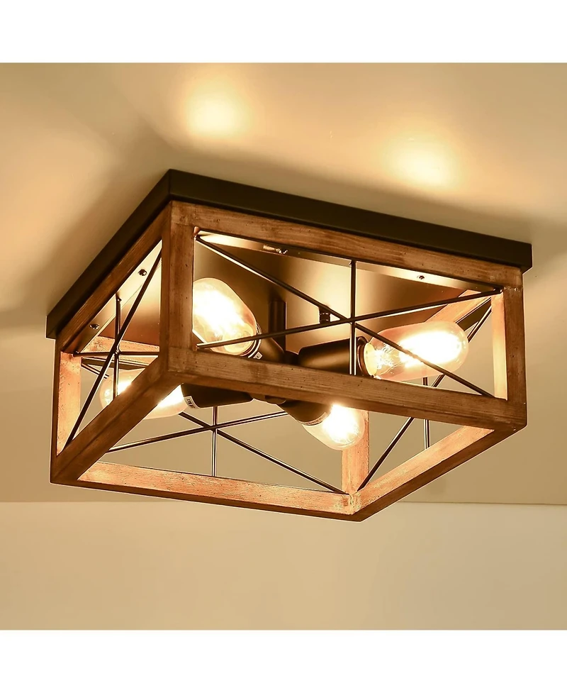 Midola Wooden Flush Mount Ceiling Lights, 4-Light Farmhouse Close to Ceiling Lighting Fixtures Ceiling Lamp for Kitchen Island Living Room Bedroom