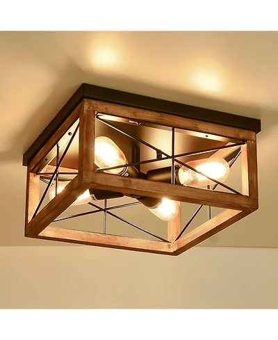 Midola Wooden Flush Mount Ceiling Lights, 4-Light Farmhouse Close to Ceiling Lighting Fixtures Ceiling Lamp for Kitchen Island Living Room Bedroom