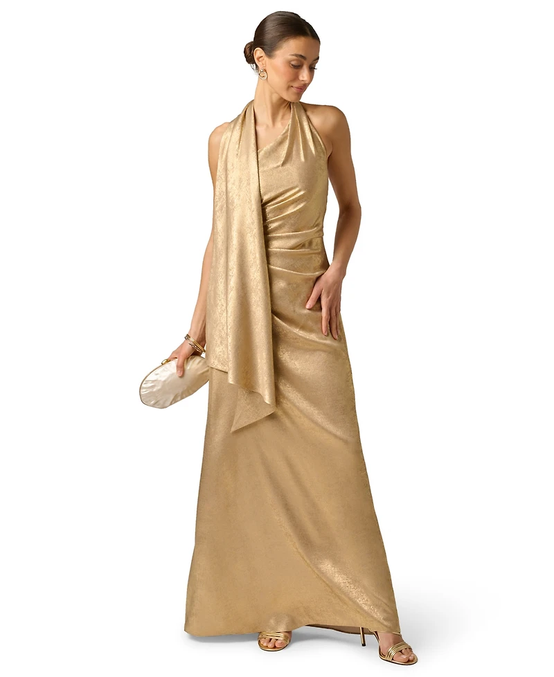 Adrianna Women's Foiled Draped Neck Scarf Pleated Ball Gown