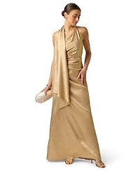 Adrianna Women's Foiled Draped Neck Scarf Pleated Ball Gown
