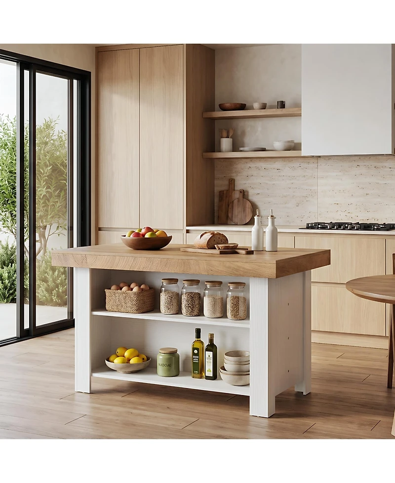 Tribesigns 3-Tier Farmhouse Kitchen Island with Large Worktop and Leg Room,55'' Stationary Island Table with Storage
