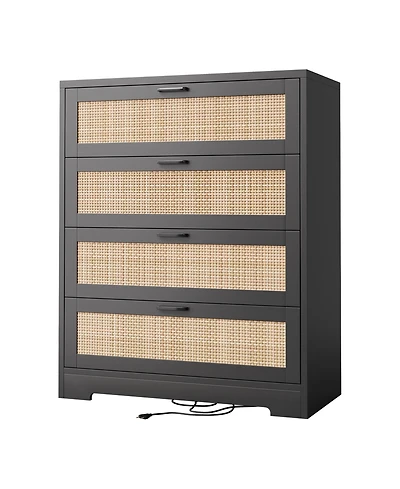 homfan Tall 4-Drawer Rattan Dresser with Wood Top, Modern Storage Chest Handles for Bedroom, Living Room, Entryway, Hallway