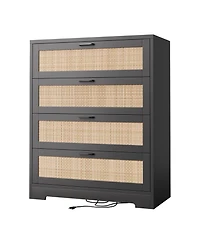 homfan Tall 4-Drawer Rattan Dresser with Wood Top, Modern Storage Chest Handles for Bedroom, Living Room, Entryway, Hallway