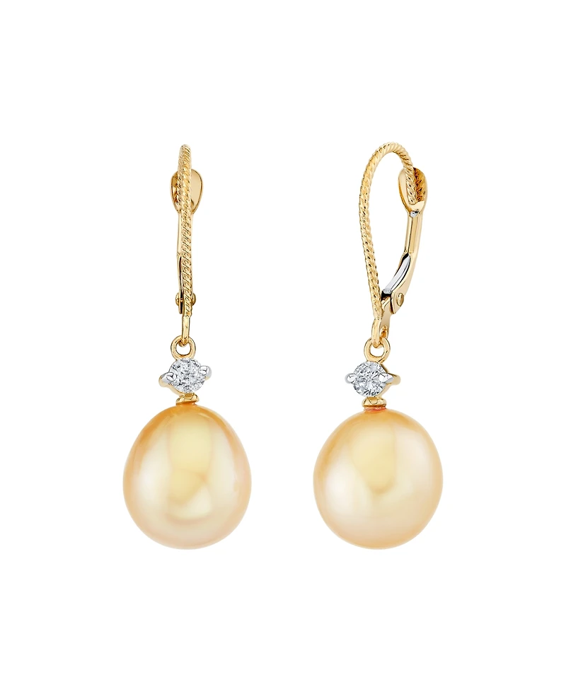 Macy's Cultured Golden South Sea Pearl (9mm) & Diamond (1/6 ct. t.w.) Drop Earrings in 14k Yellow Gold