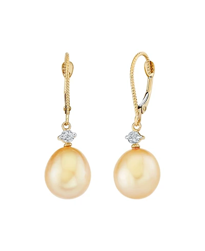 Macy's Cultured Golden South Sea Pearl (9mm) & Diamond (1/6 ct. t.w.) Drop Earrings in 14k Yellow Gold