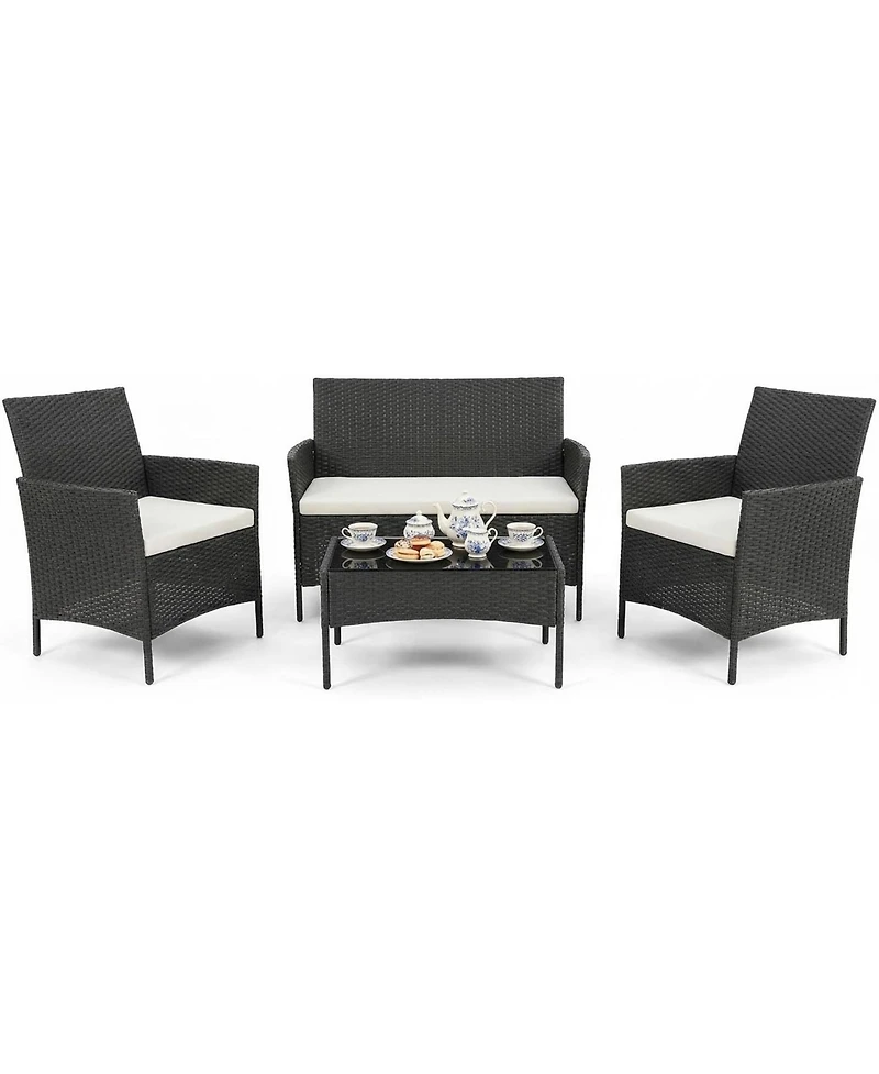 gaomon Patio Rattan Set with Glass Table Wicker and Cushions