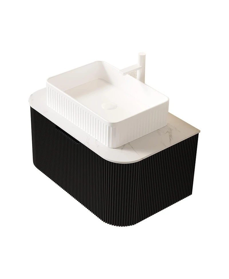Sillysis Wall Mounted Bathroom Vanity with Ceramic Sink, Matte Stripe Plywood Cabinet, Soft Close Drawer