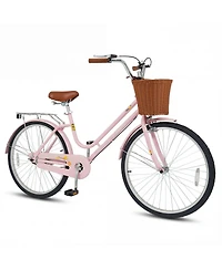 Gymax Beach Cruiser Bike w/Adjustable Seat Woven Basket and Rear Rack