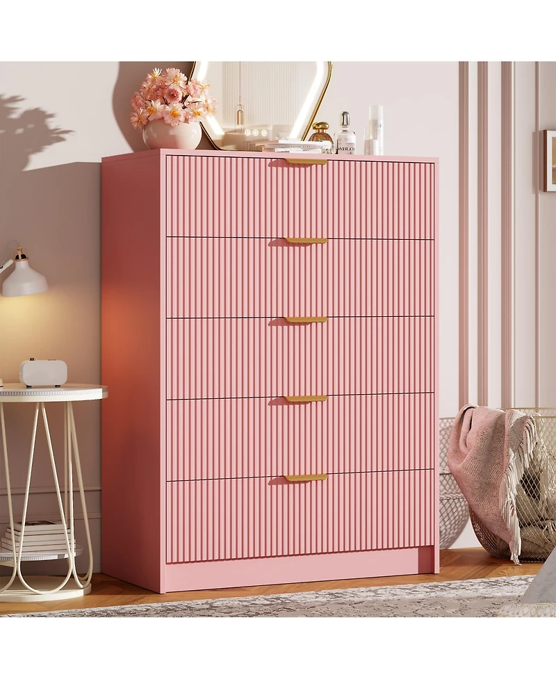 gaomon Fluted 5 Drawers Dresser For Bedroom, Wide Modern Chest of with Metal Handles, Living Room, Entryway, Hallway