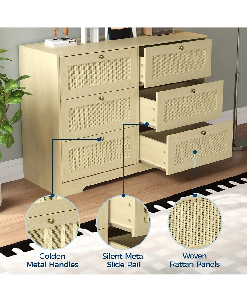 gaomon Rattan Dresser, 8-Drawer Boho Chest, Handwoven Wicker Fronts, Metal Handles, for Bedroom or Living Room