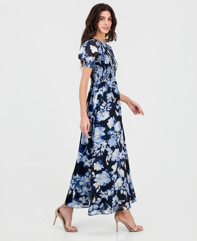 Anne Klein Women's Printed Puff-Sleeve Smocked Maxi Dress