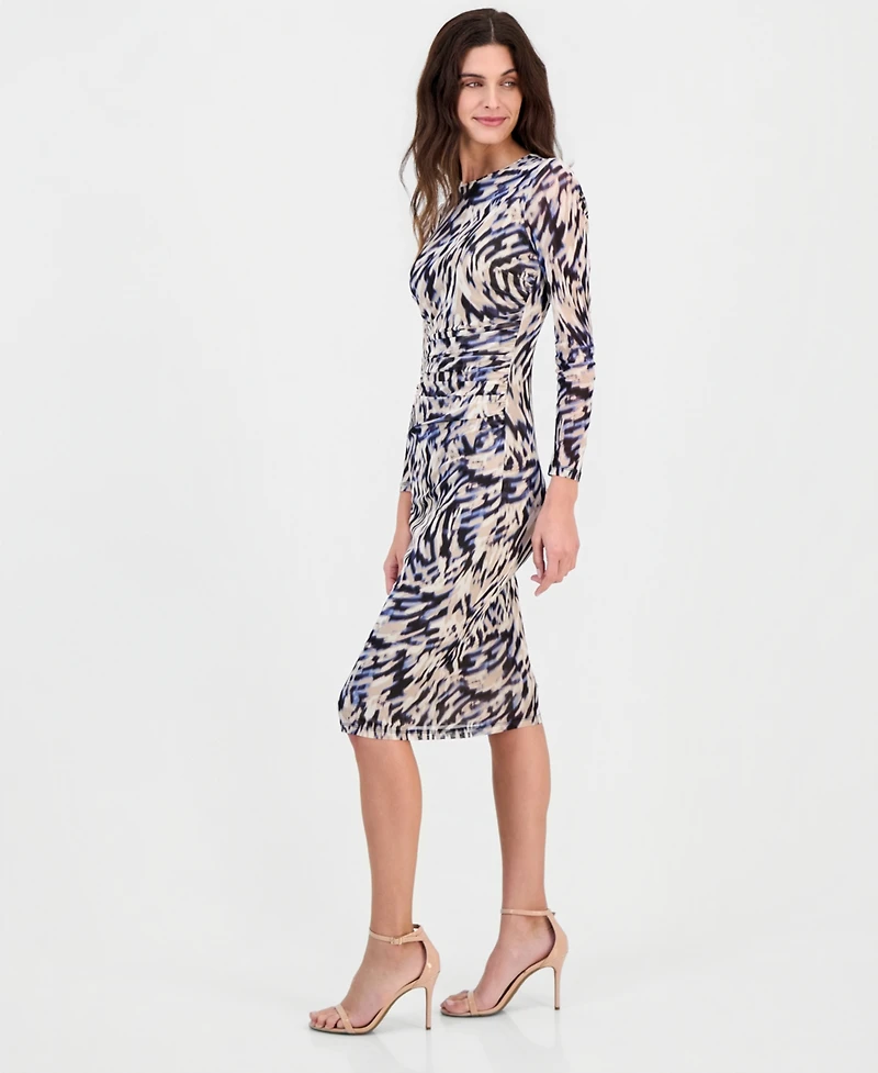 Anne Klein Women's Printed Shirred-Waist Long-Sleeve Midi Dress