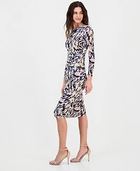 Anne Klein Women's Printed Shirred-Waist Long-Sleeve Midi Dress