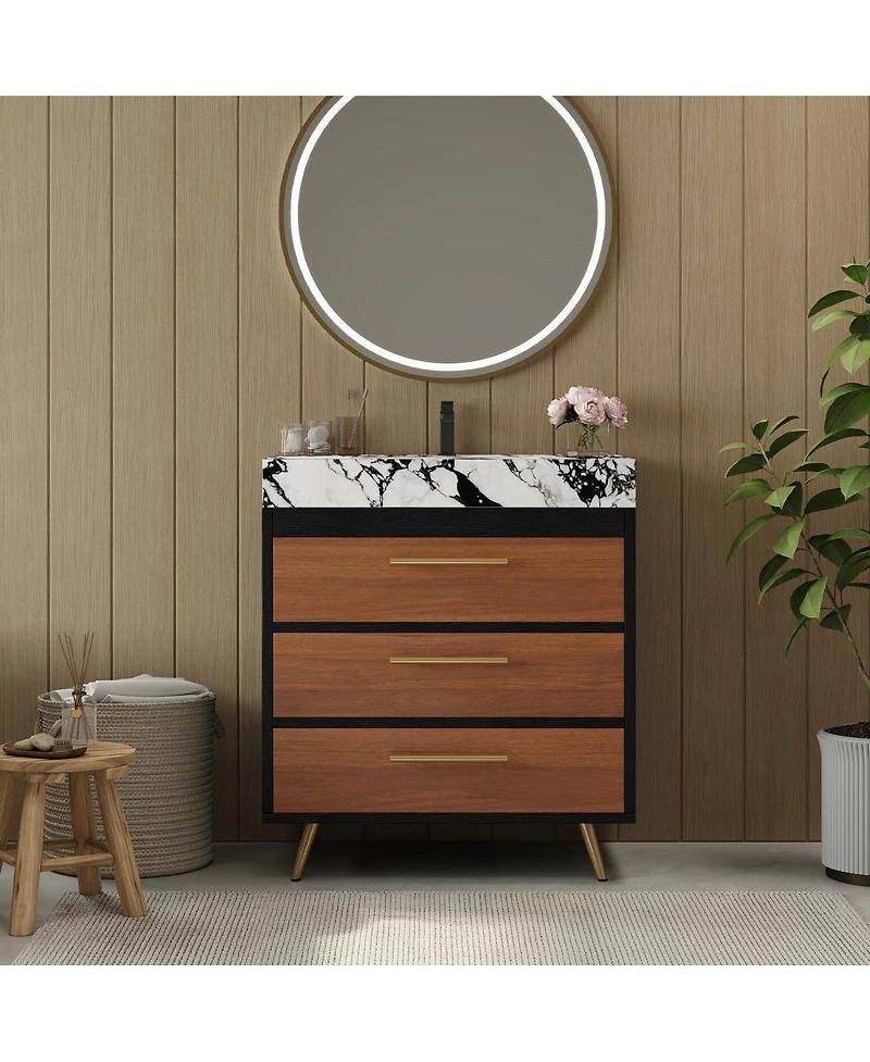 Sillysis Freestanding Bathroom Vanity with Sintered Stone Top, Ceramic Sink, Soft-Close Drawers, Modern Storage Cabinet-Sillysis