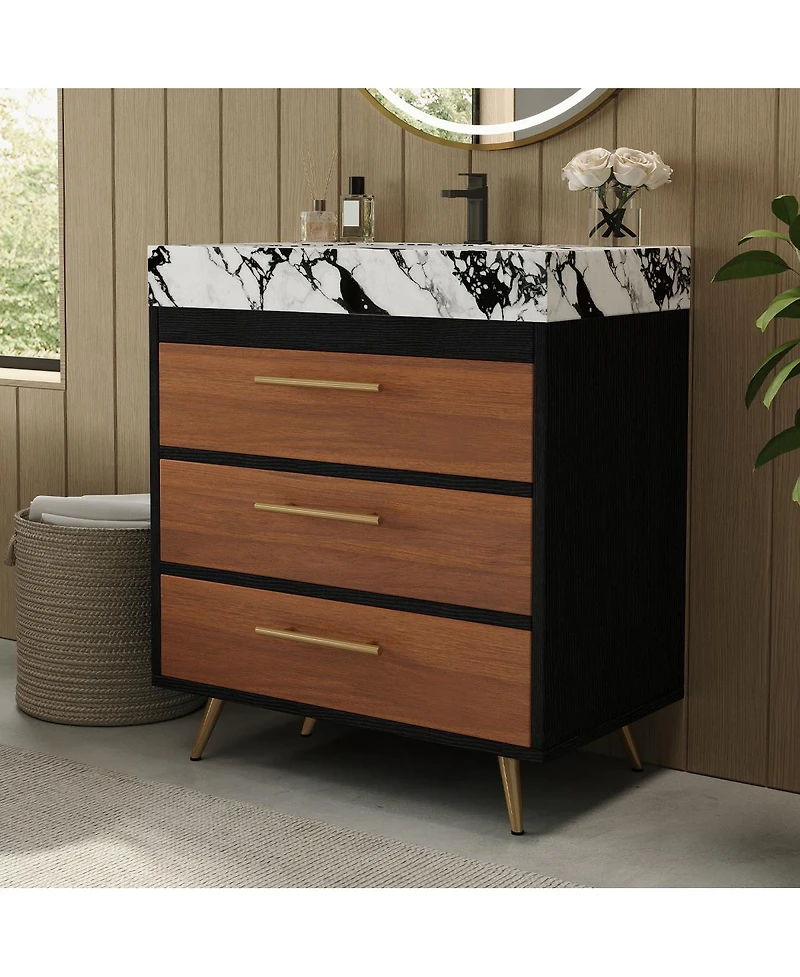 Sillysis Freestanding Bathroom Vanity with Sintered Stone Top, Ceramic Sink, Soft-Close Drawers, Modern Storage Cabinet-Sillysis