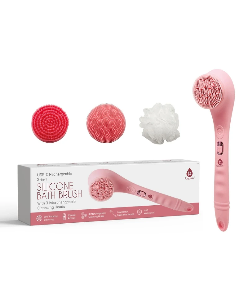 Pursonic Rechargeable Waterproof Silicone Bath Brush with 3 Interchangeable Brush Heads