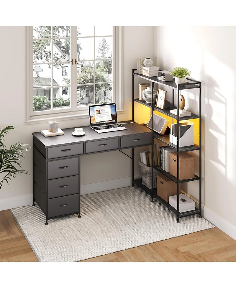 gaomon L-Shaped Gaming Desk with 6 Drawers - Corner Pc Table Open Shelves, Power Outlets and Led Lights