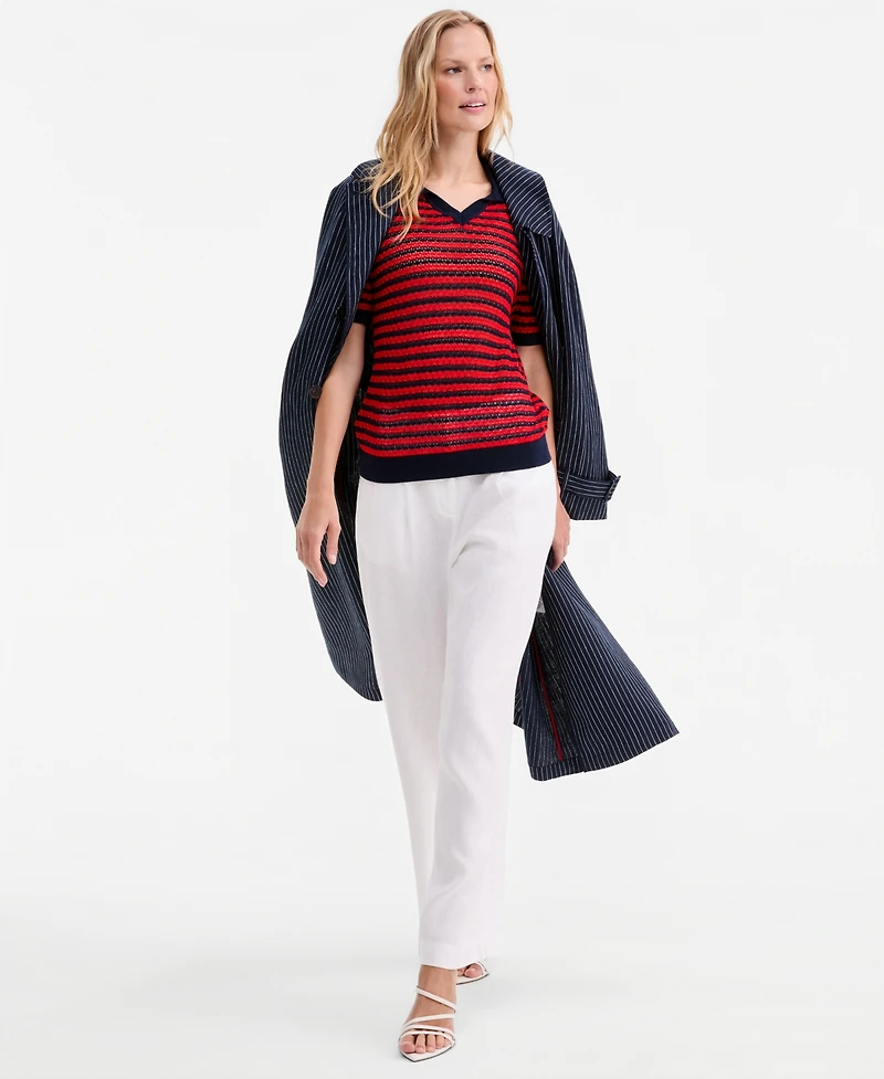Tommy Hilfiger Women's Pointelle Collar V-Neck Sweater