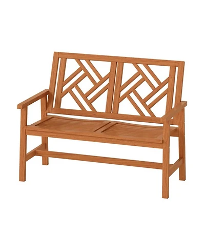 Yiortwo Outdoor Wood Patio Bench, 2-Person Loveseat Chair with Geometric Backrest