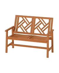 Yiortwo Outdoor Wood Patio Bench, 2-Person Loveseat Chair with Geometric Backrest