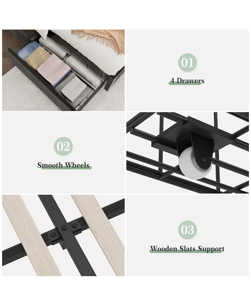 homfan Bed Frame with 4 Storage Drawers, Wingback Headboard, Charging Station, Wood Slat Support, No Box Spring Needed