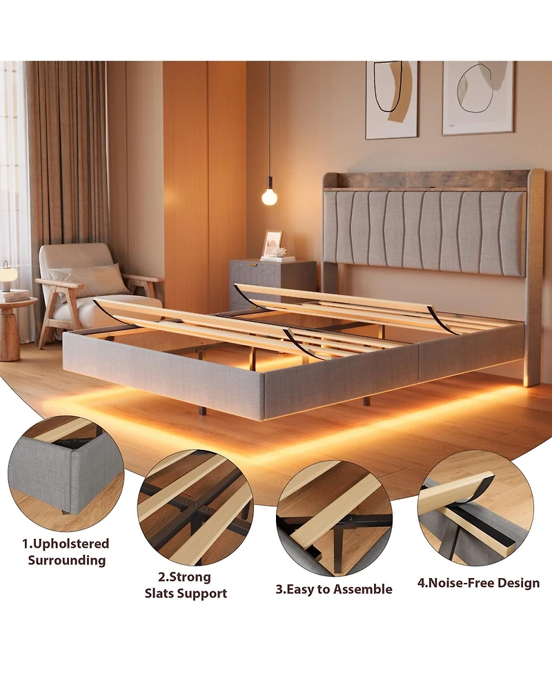 homfan Modern Floating Platform Bed with Led Lights and Charging Ports, Upholstered Storage Headboard, Sturdy Wood Slats