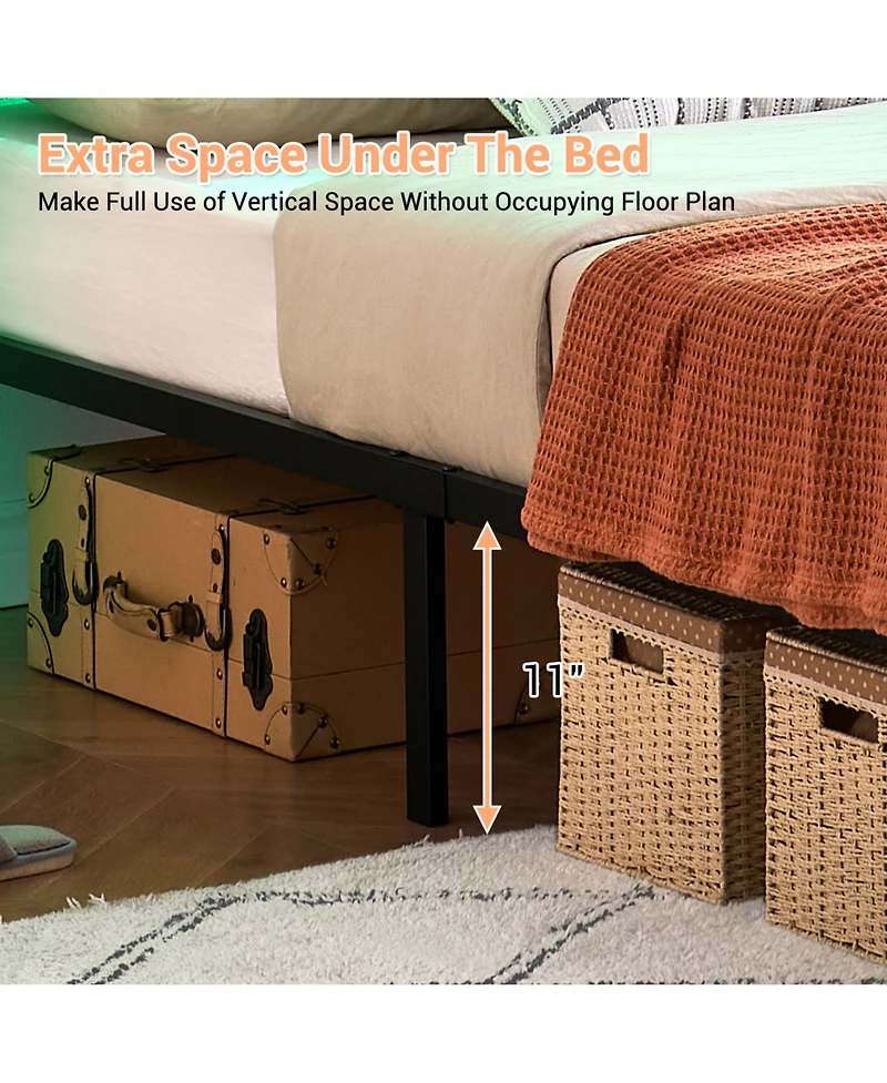homfan Rattan Platform Bed Frame with Led Headboard, Modern Boho Cane Style, Heavy Duty Metal Frame, Steel Slats, No Box Spring Needed