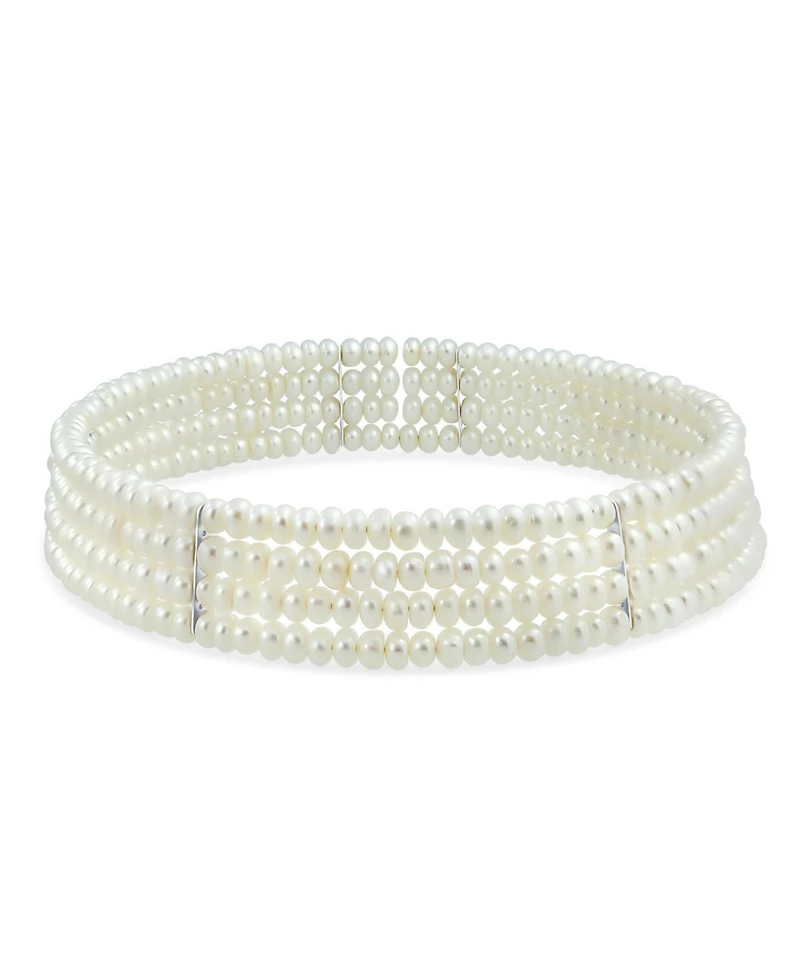 Bling Jewelry Fine Classic Bridal Necklace Wide 4-Row Freshwater Pearl Choker Gold Bar Accent