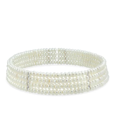 Bling Jewelry Fine Classic Bridal Necklace Wide 4-Row Freshwater Pearl Choker Gold Bar Accent