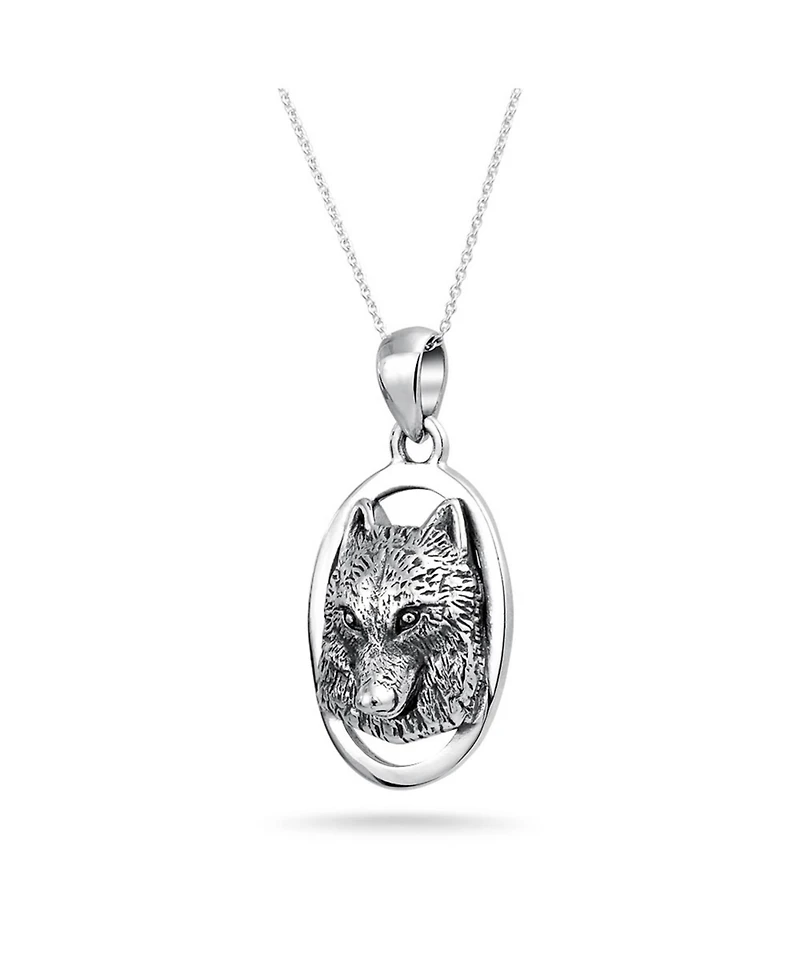 Bling Jewelry Wolf Pendant Necklace Oval Animal Totem Amulet Of Strength Oxidized .925 Sterling Silver