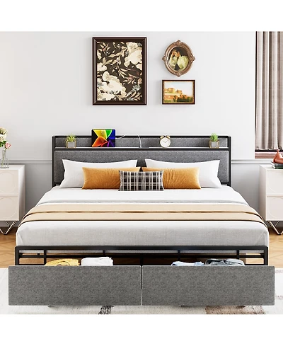 homfan Modern Upholstered Storage Platform Bed with Two Drawers, Shelf Headboard and Usb Charging Station, Heavy Duty Build