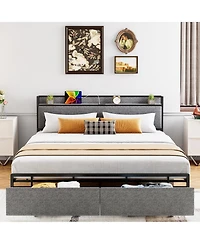 homfan Modern Upholstered Storage Platform Bed with Two Drawers, Shelf Headboard and Usb Charging Station, Heavy Duty Build
