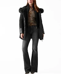 Guess Women's Pleather Sleeve Detailed Faux-Fur Hooded Puffer Coat