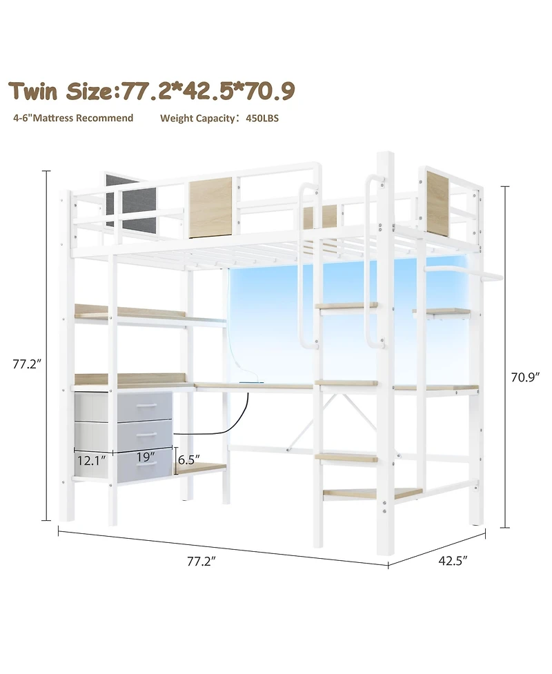 gaomon Twin Loft Bed with Desk, Stairs, Led Lights, Charging Station, 3 Drawers and 2 Shelves for Kids and Teens