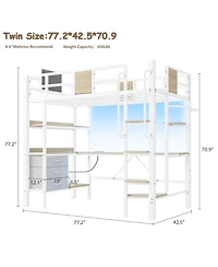 gaomon Twin Loft Bed with Desk, Stairs, Led Lights, Charging Station, 3 Drawers and 2 Shelves for Kids and Teens